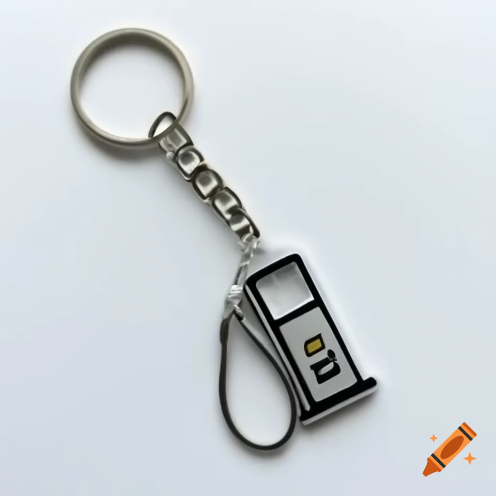 Silver gas pump keychain on white background