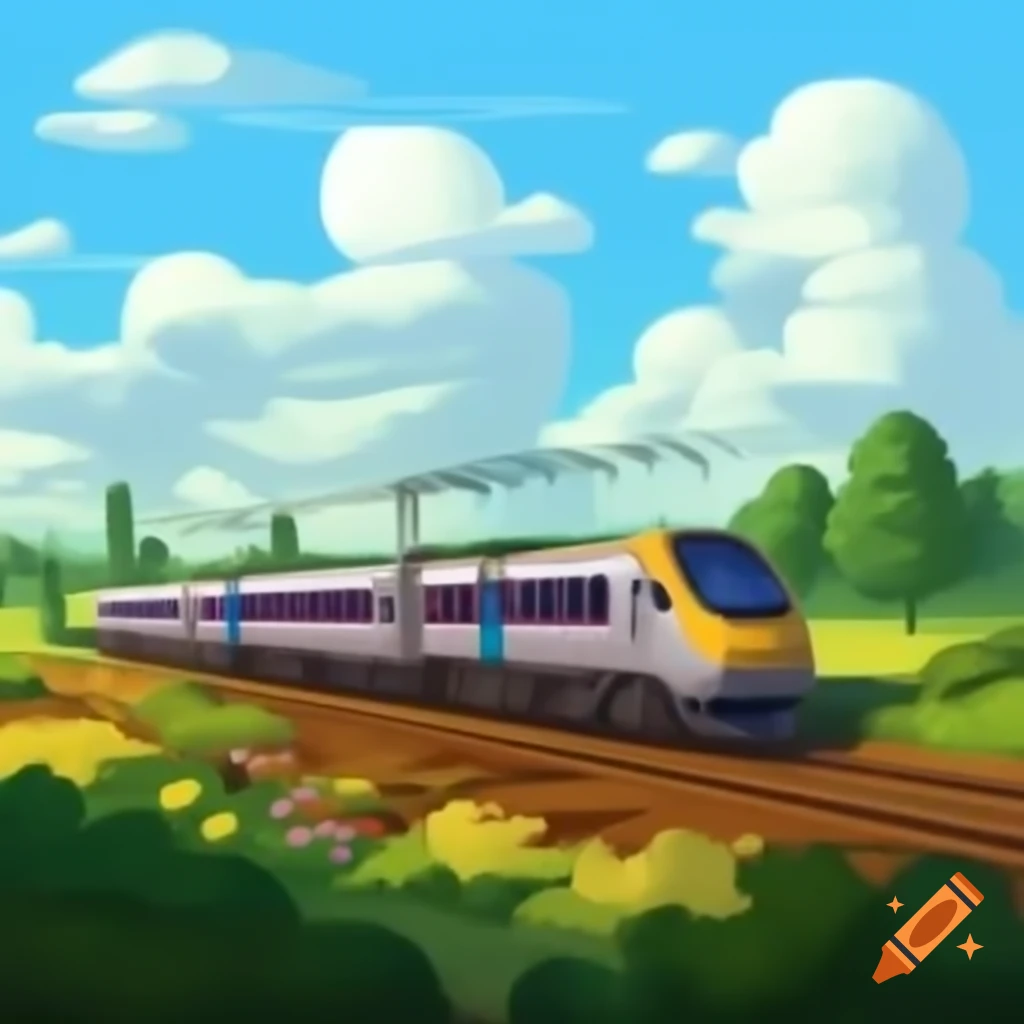 Modern train passing by a scenic farm