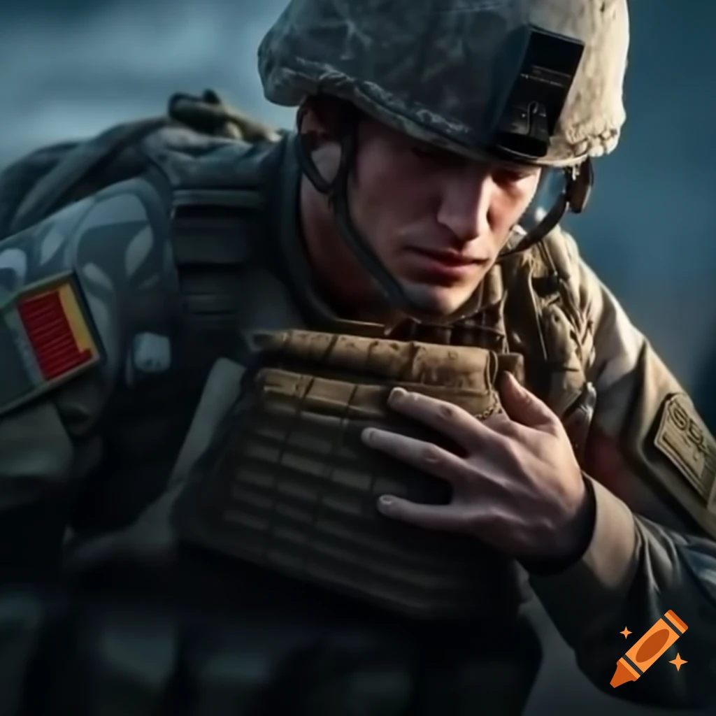 Soldier fallen on battlefield, clutching chest in pain