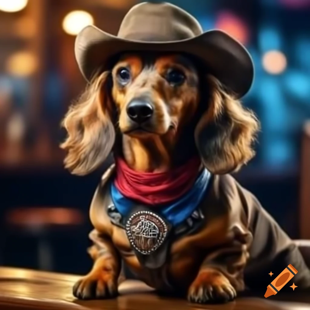 Long haired dachshund dressed as cowboy walking into bar
