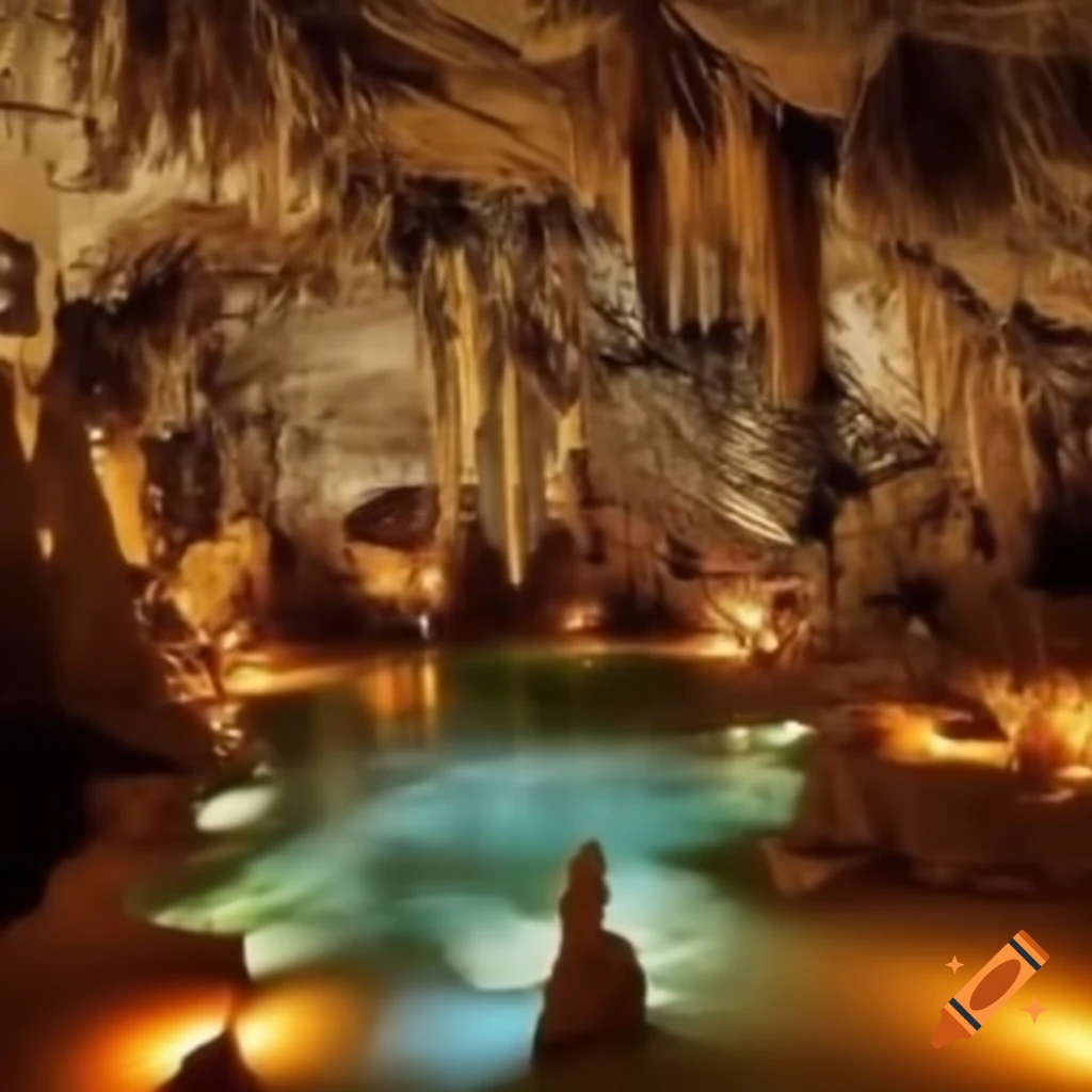 Cave hallway with glowing stones and moss-covered walls, tranquil and mysterious ambiance