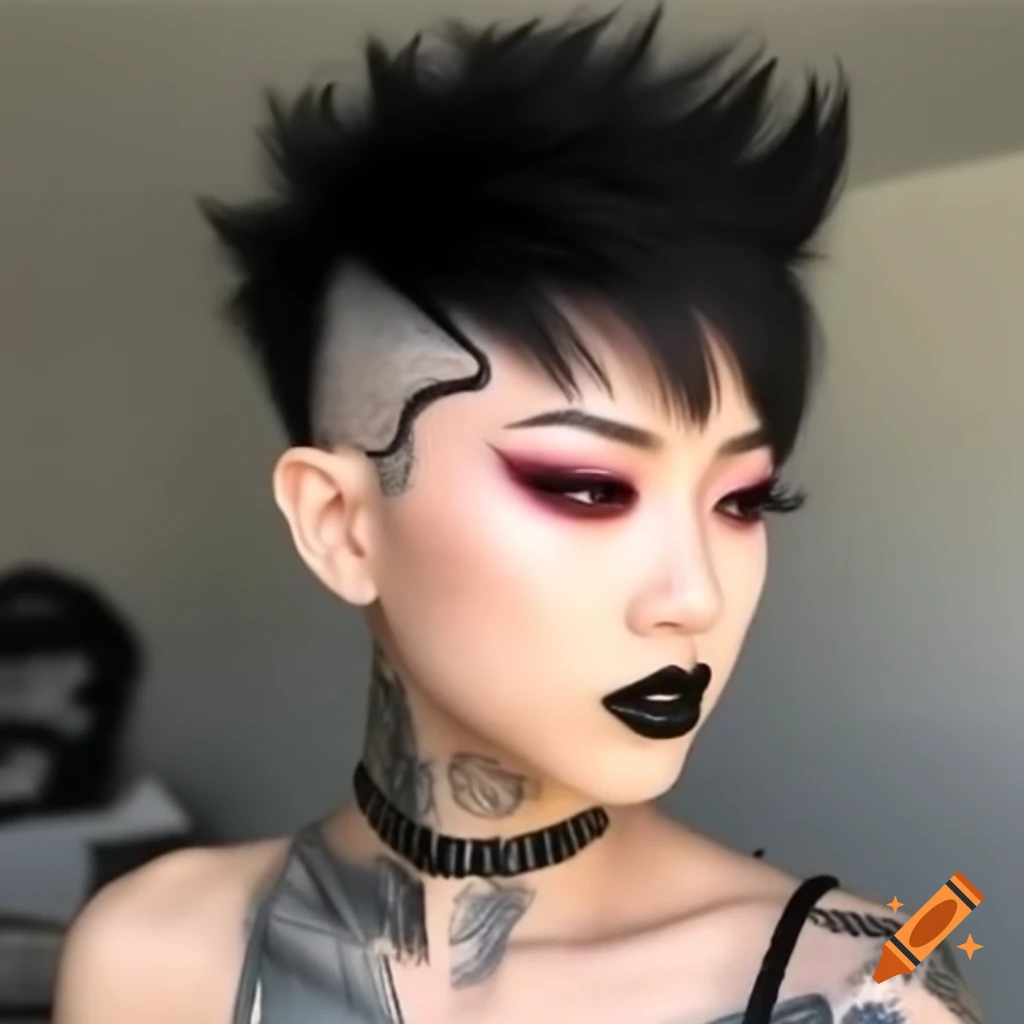 Gothic punk Asian girl with undercut hairstyle, tattoos, and piercings