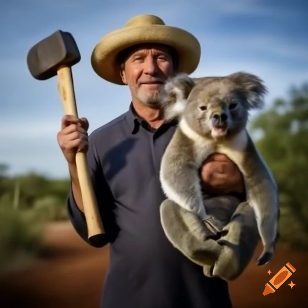 Man with straw hat and hammer chasing a koala