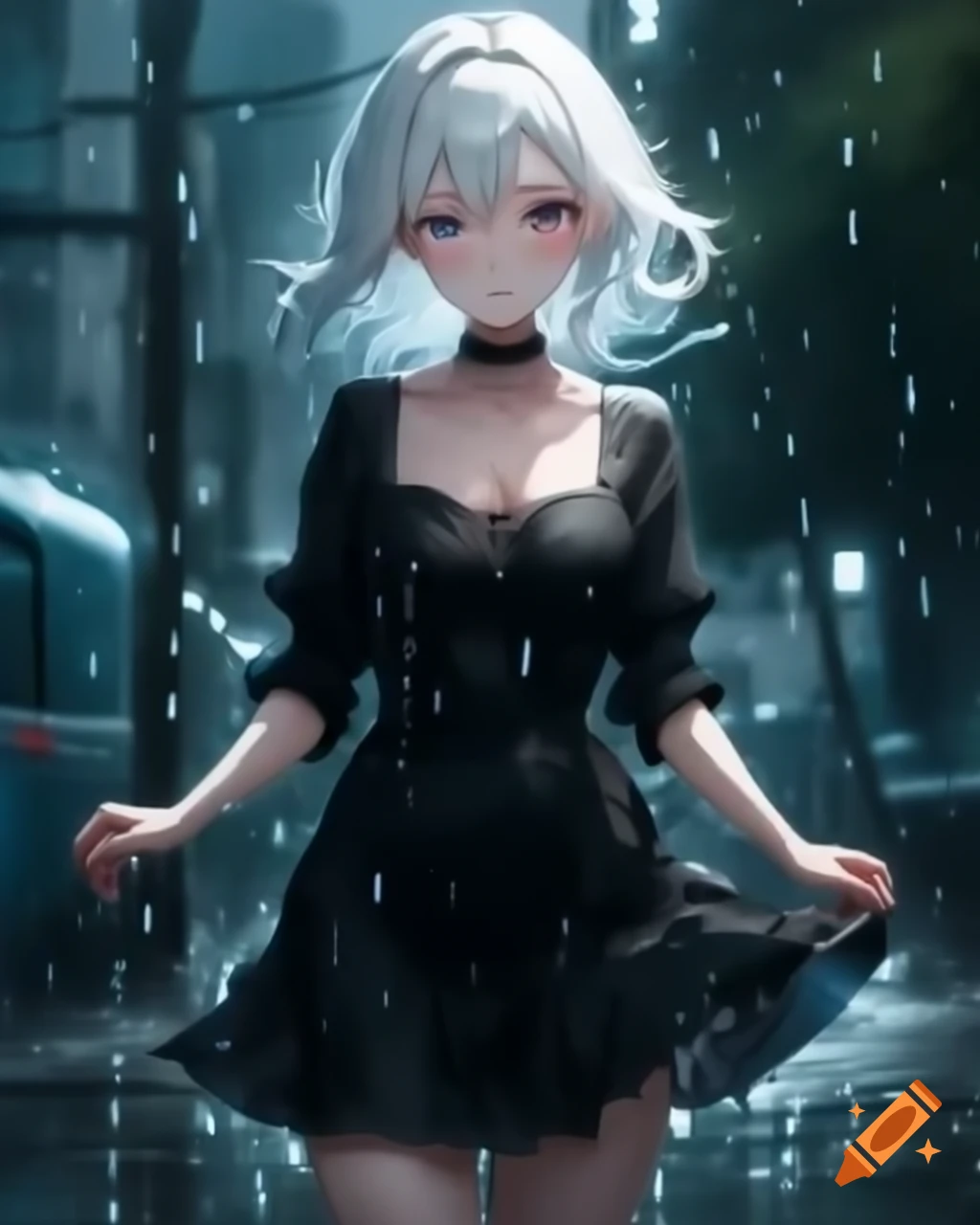 Anime character with white hair in black dress on a rainy day, realistic style