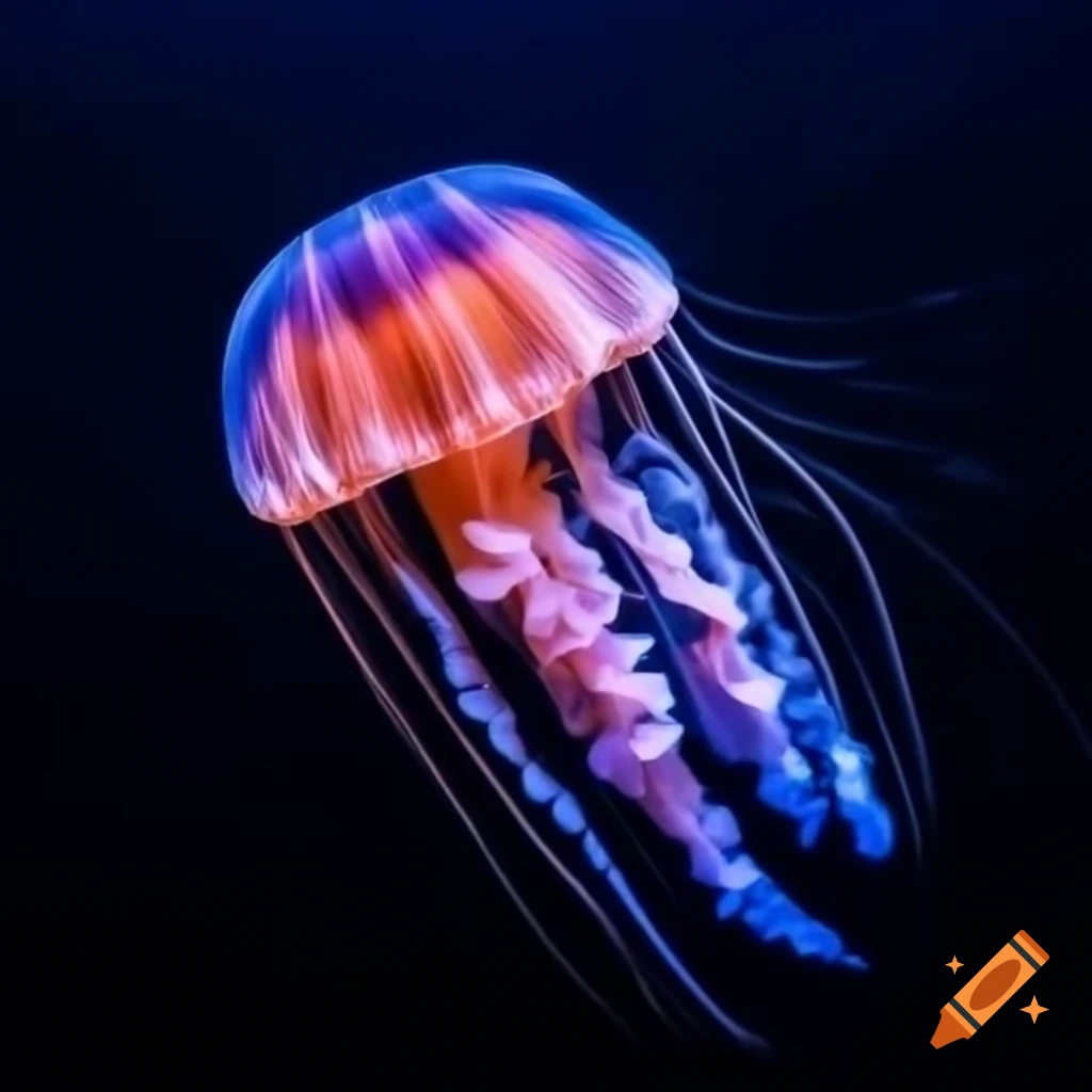 Vibrant jellyfish illuminated against black background