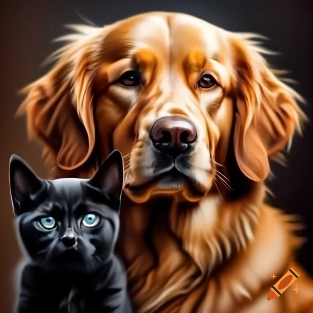 Adult golden retriever and black kitten sitting together