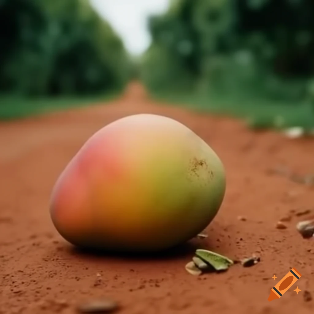 Mango fruits scattered on red dirt driveway