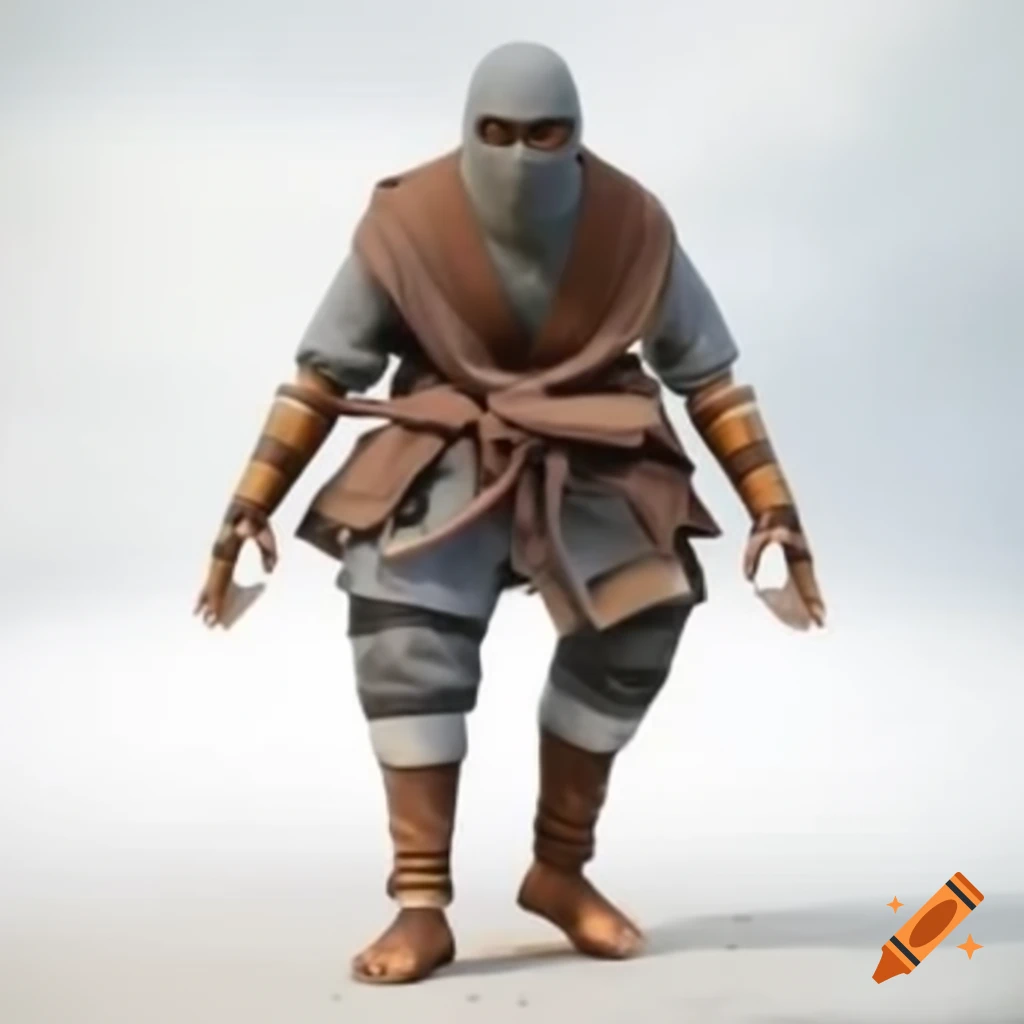 Slim ninja in t-pose wearing brown cloth, mechanical arms, and laser goggles against white background
