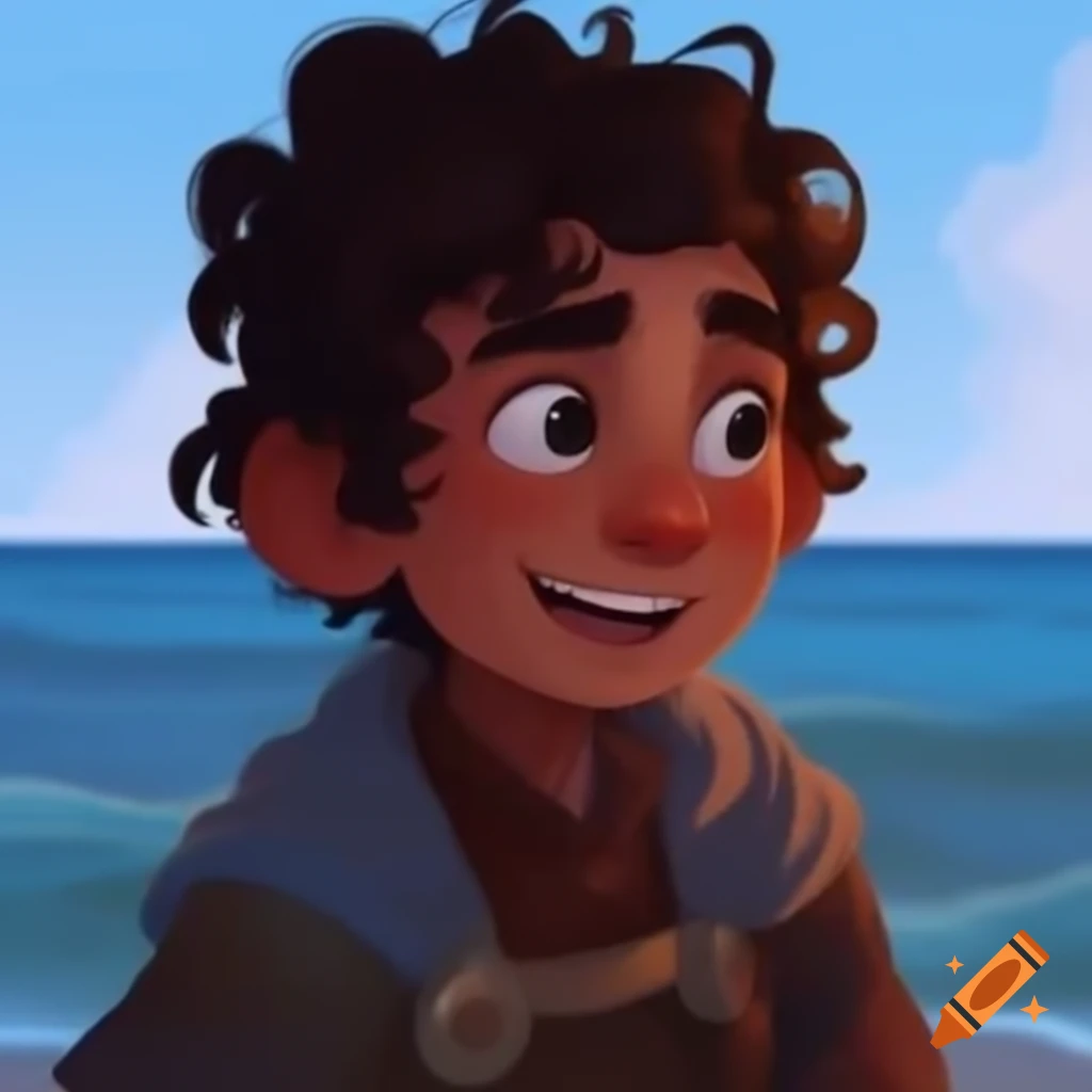 Descriptive portrait of a person with wild chestnut curls and bright blue eyes