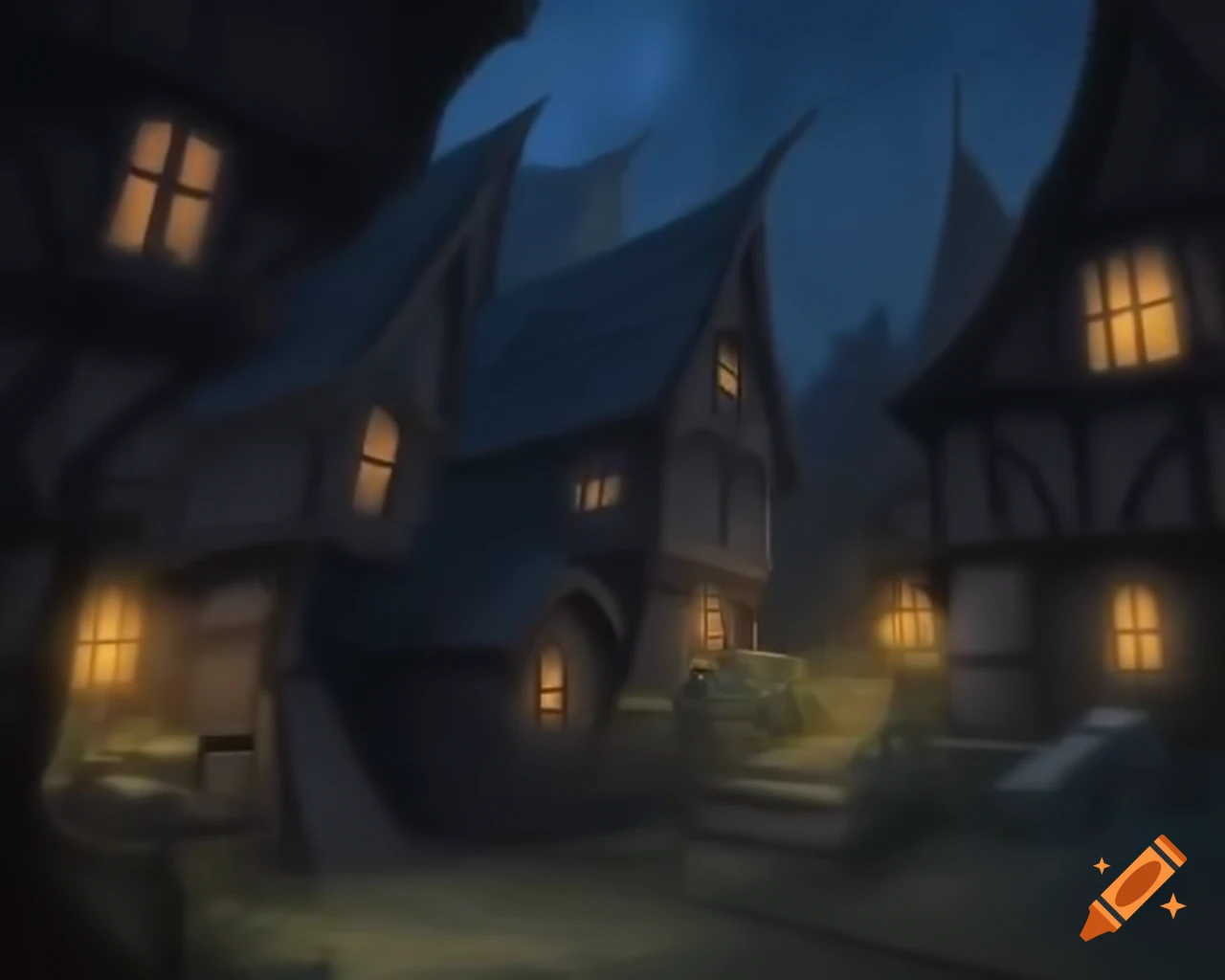 Medieval fantasy village at night with dim lights