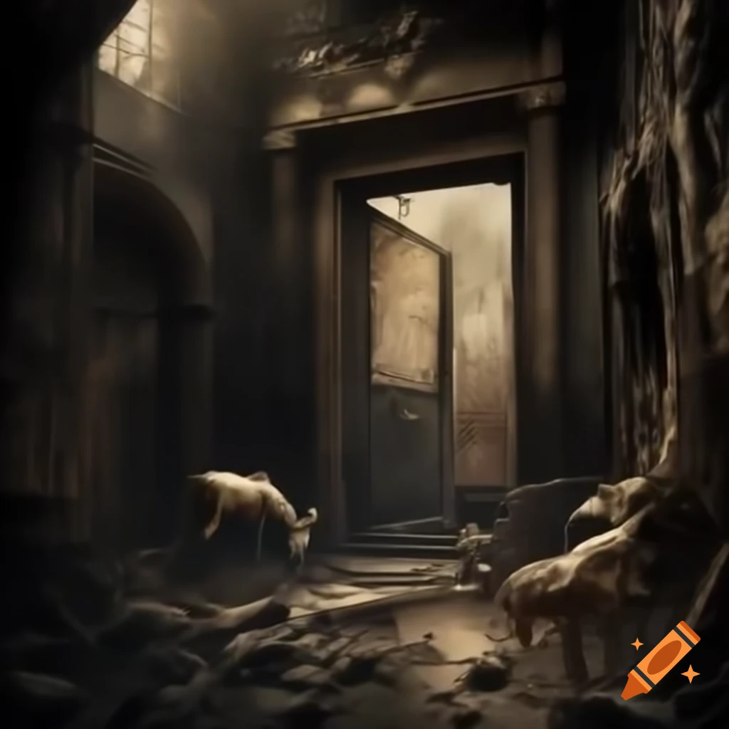 Family of anatomically correct deer in burnt building scene representing nature reclaiming after disaster