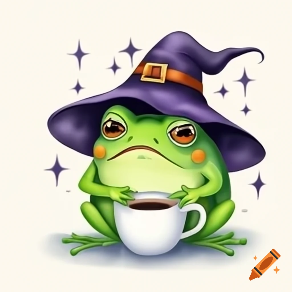 Grumpy frog wearing witch hat holding coffee cup