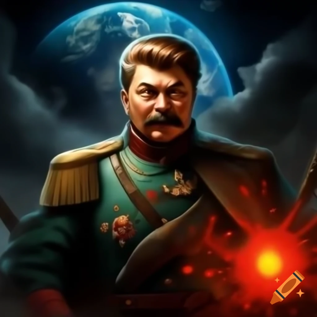 Epic anime depiction of Stalin in crimson armor charging forward with celestial light