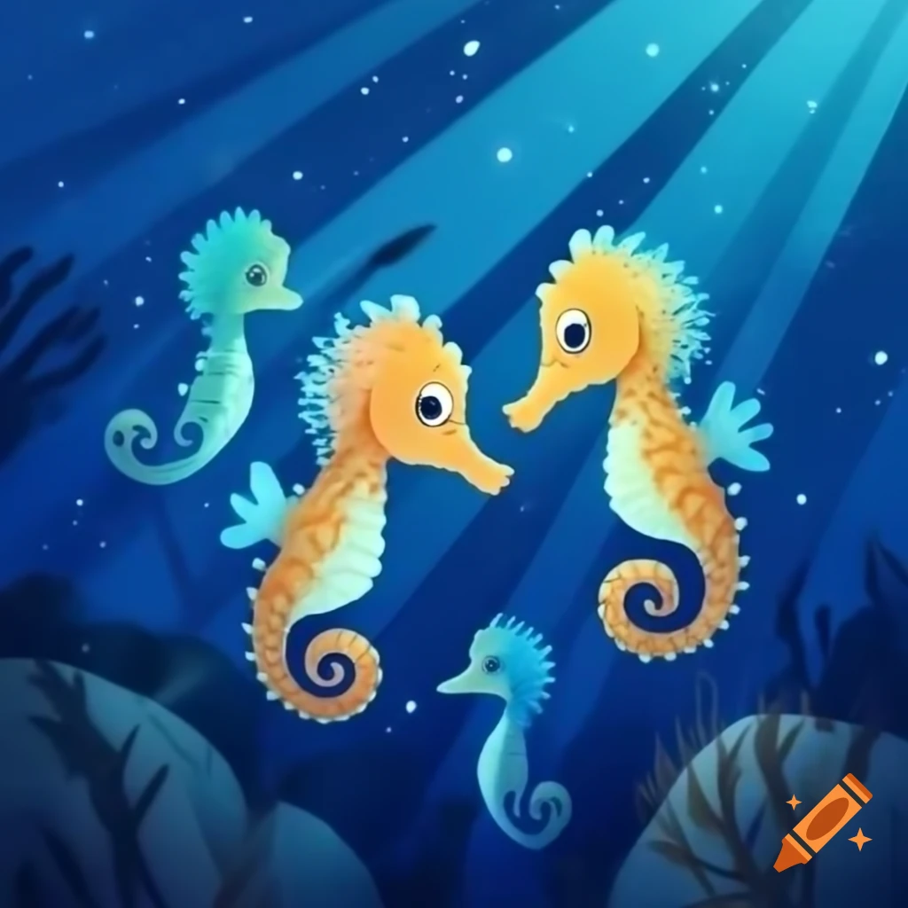 Cute seahorses swimming in a starry dreamscape