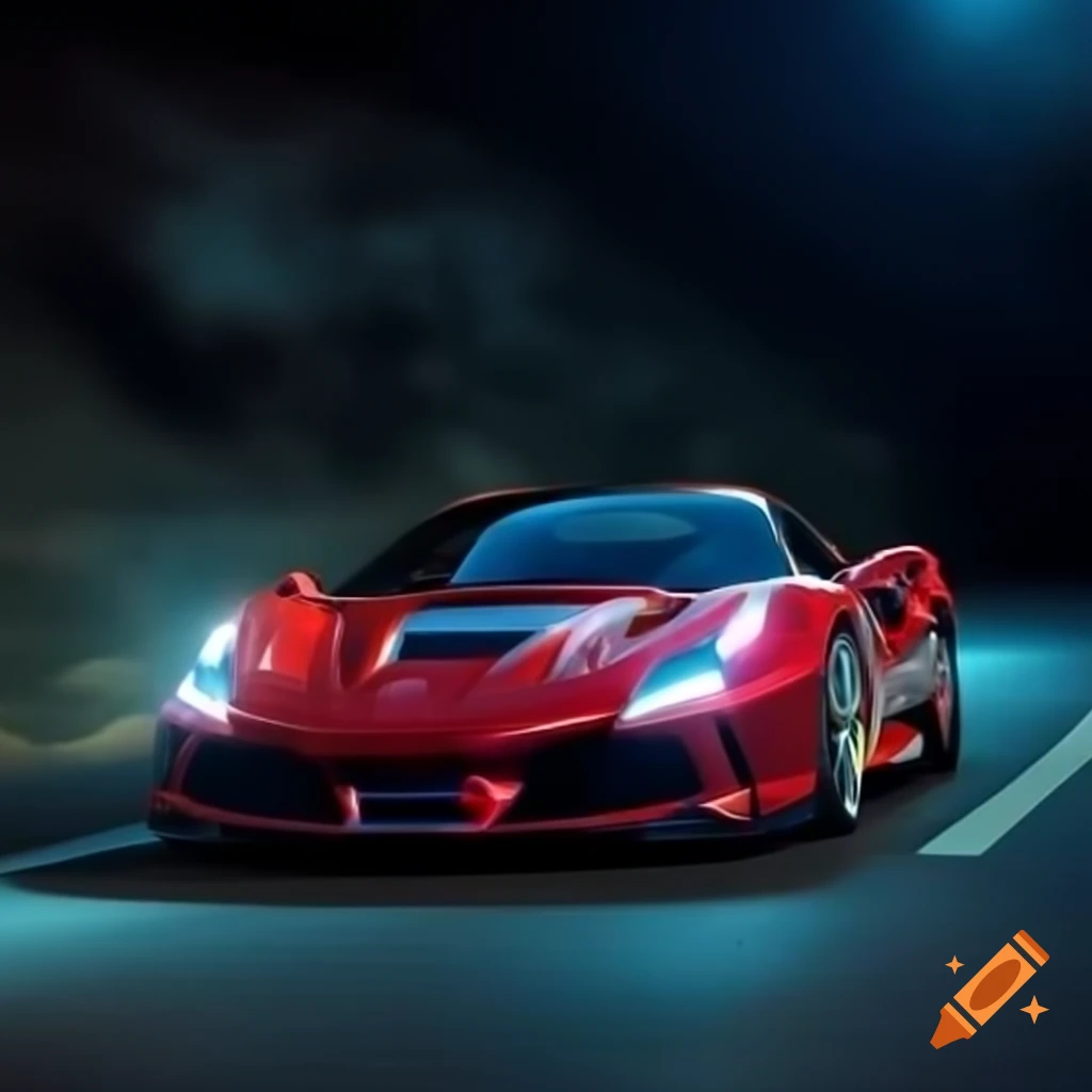 Ferrari driving on illuminated night road