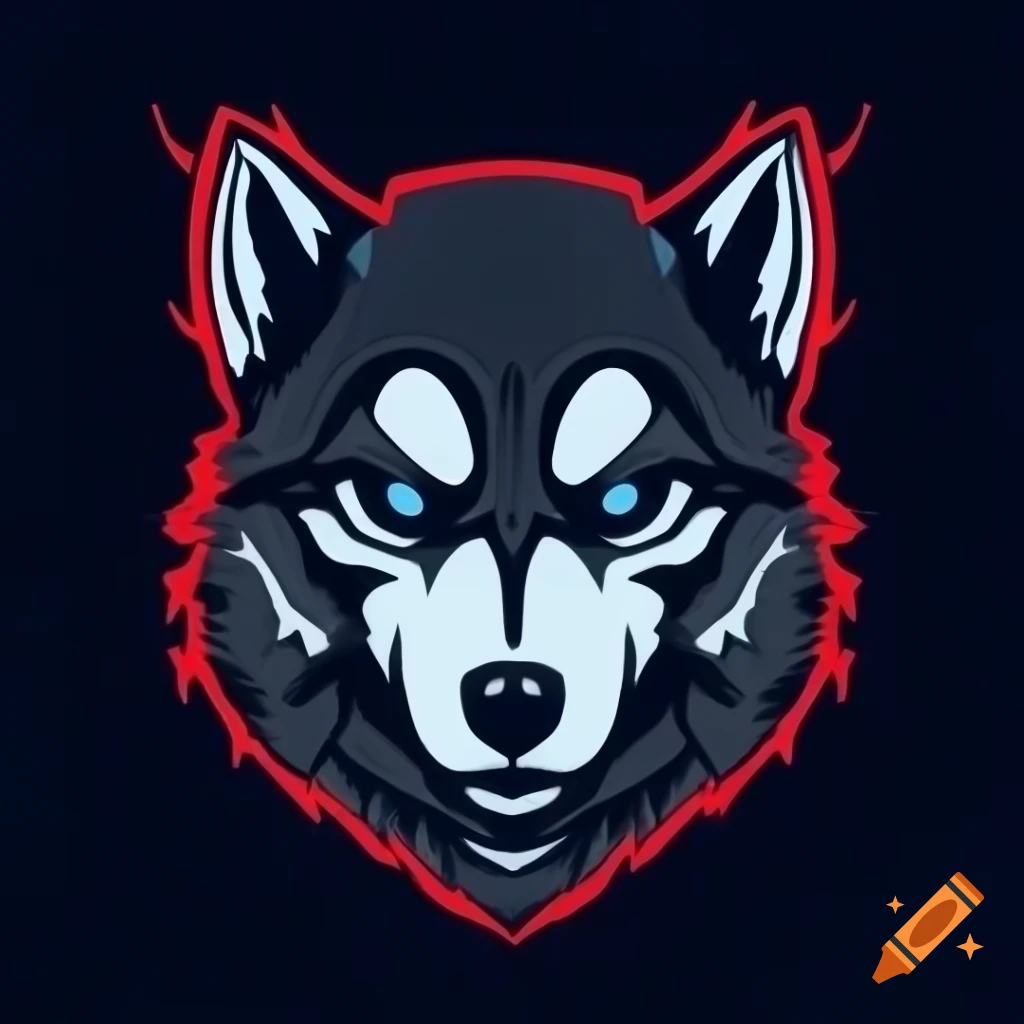 Cyber husky wolf logo with red accents, tough robotic design