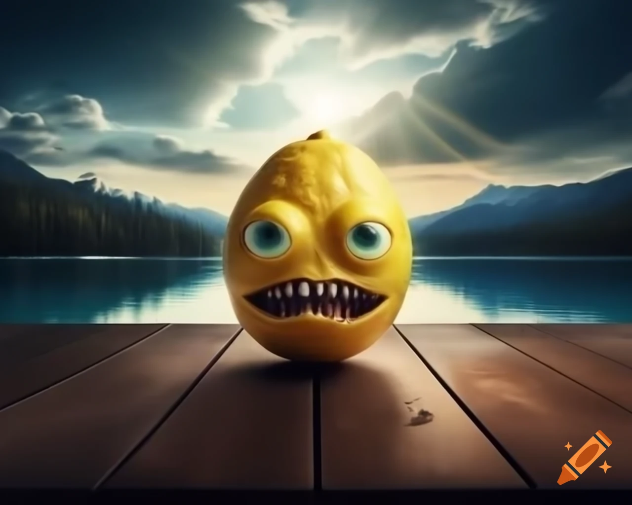 Surreal lemon monster sculpture with human face in forest setting