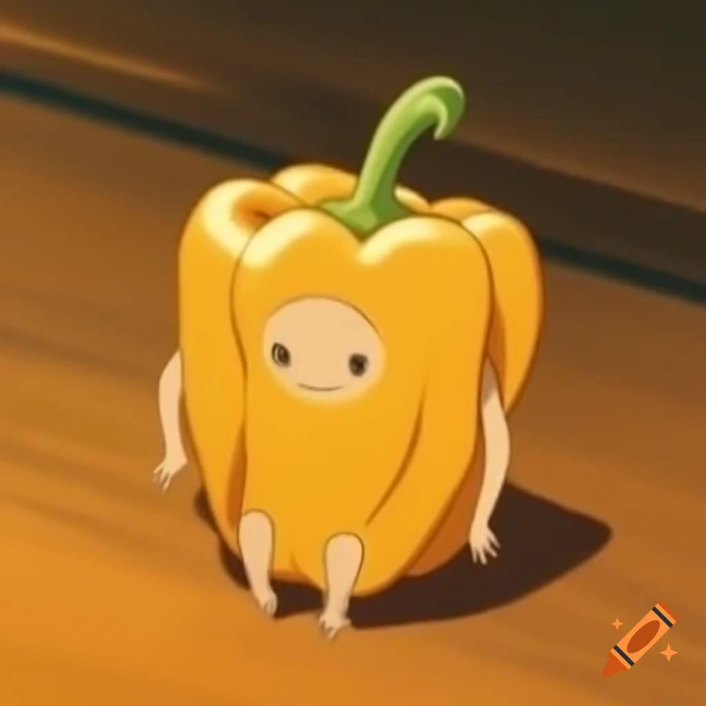 Golden pepperoncini character in Ghibli animation style