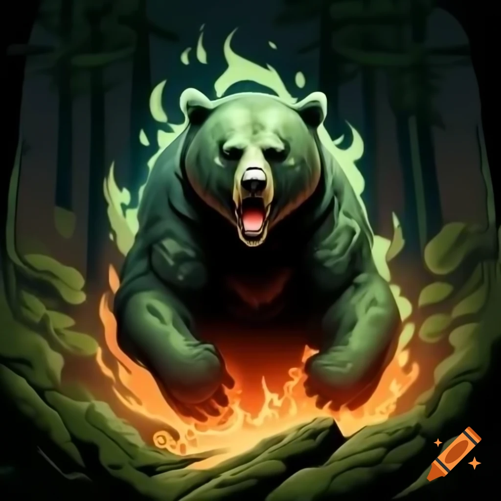Colorful bear running through green fire in a mystic woods setting
