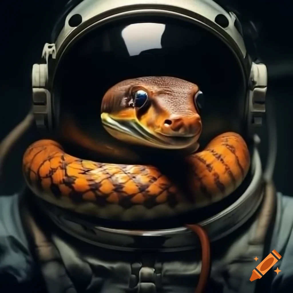 Snake in astronaut suit floating in space