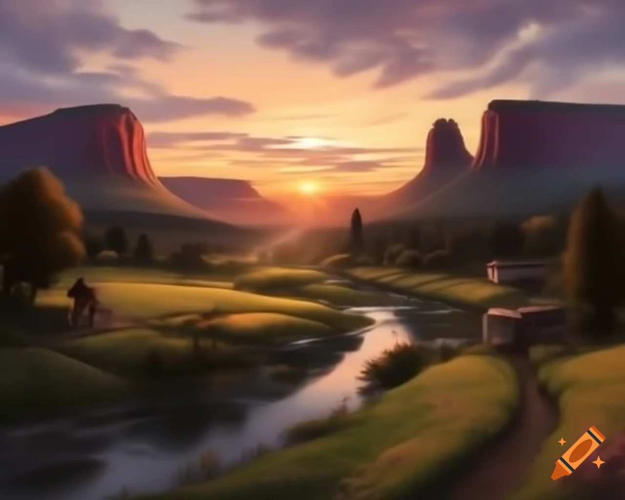 Red river valley at sunset with houses and benches for viewing