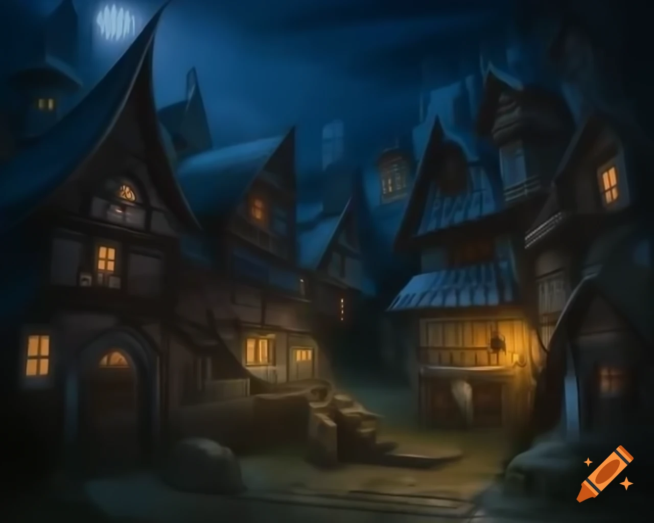 Photorealistic medieval fantasy village at night with dim lights
