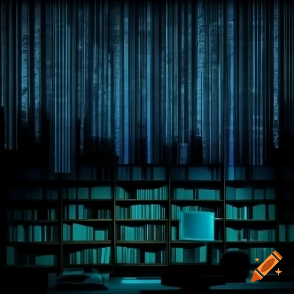 Code floating in front of bookshelves illuminated by sunlight from windows
