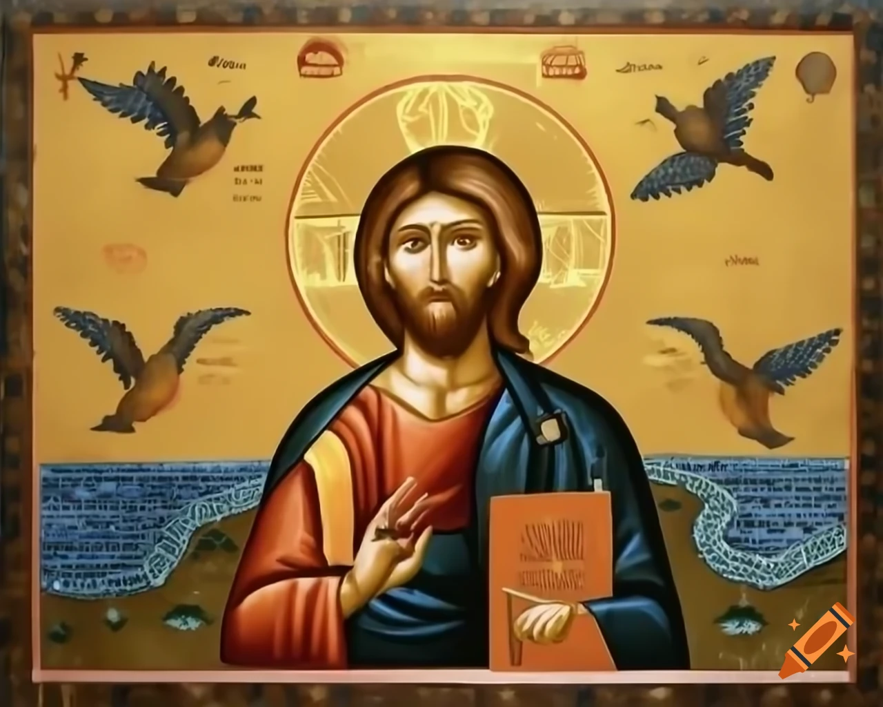 Byzantine mosaic of Jesus surrounded by birds and water, by Svetoslav Roerich