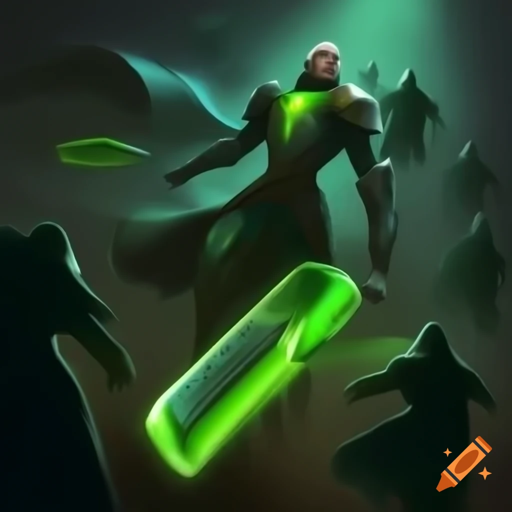 Surreal illustration of heroic figures running in motion blur green