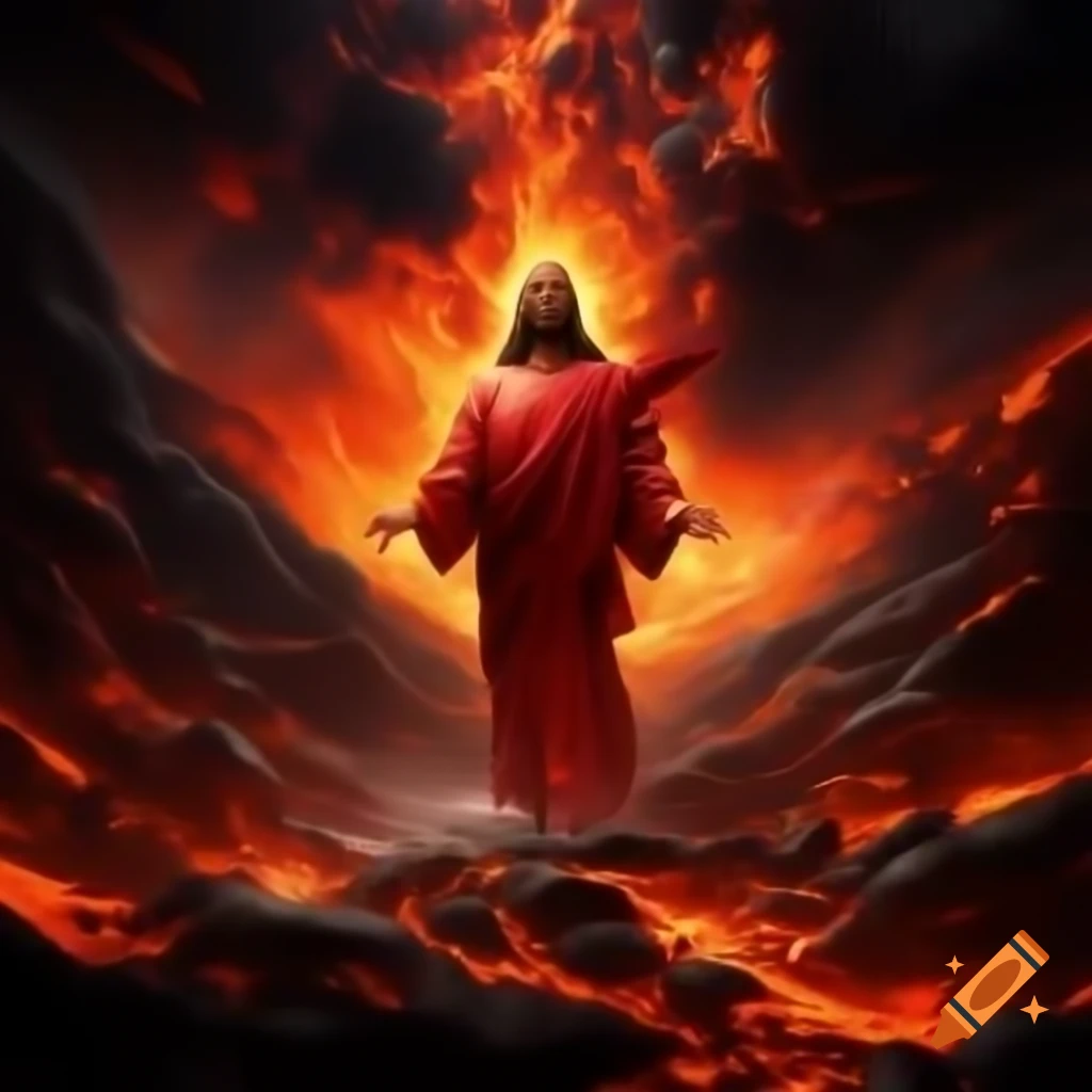 Artistic representation of a figure resembling jesus made of lava on