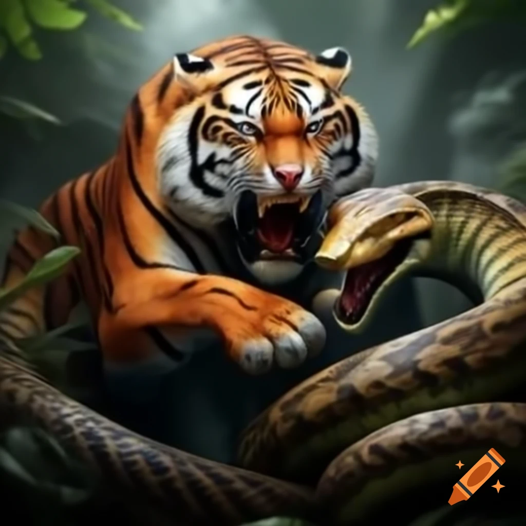 Tiger and snake engaging in a fight
