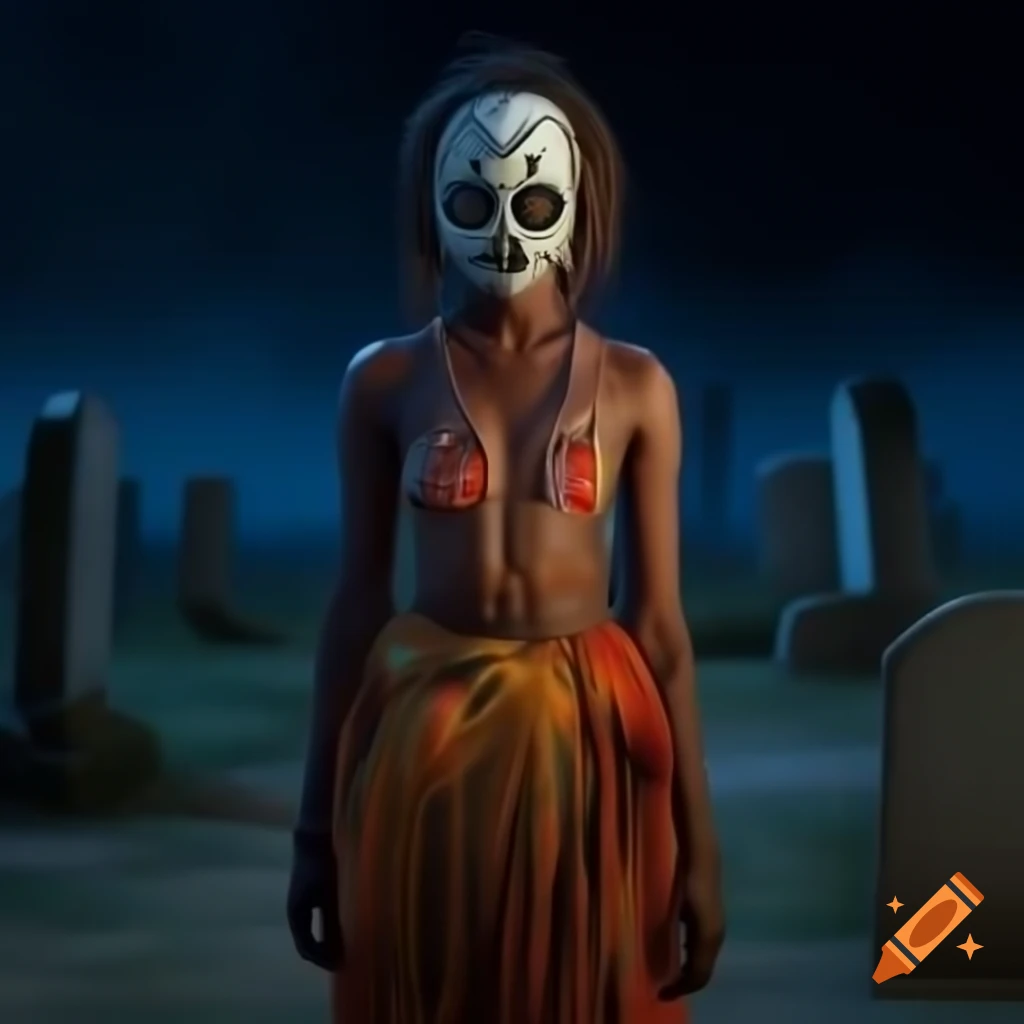 African woman in colorful attire and skull-face mask in foggy graveyard at night