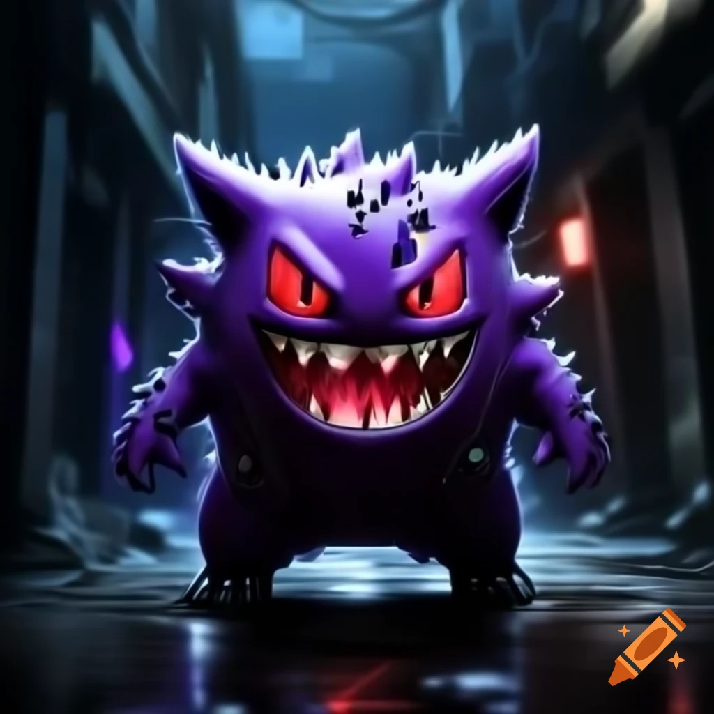 Realistic depiction of Gengar with round body, sinister grin, and glowing red eyes