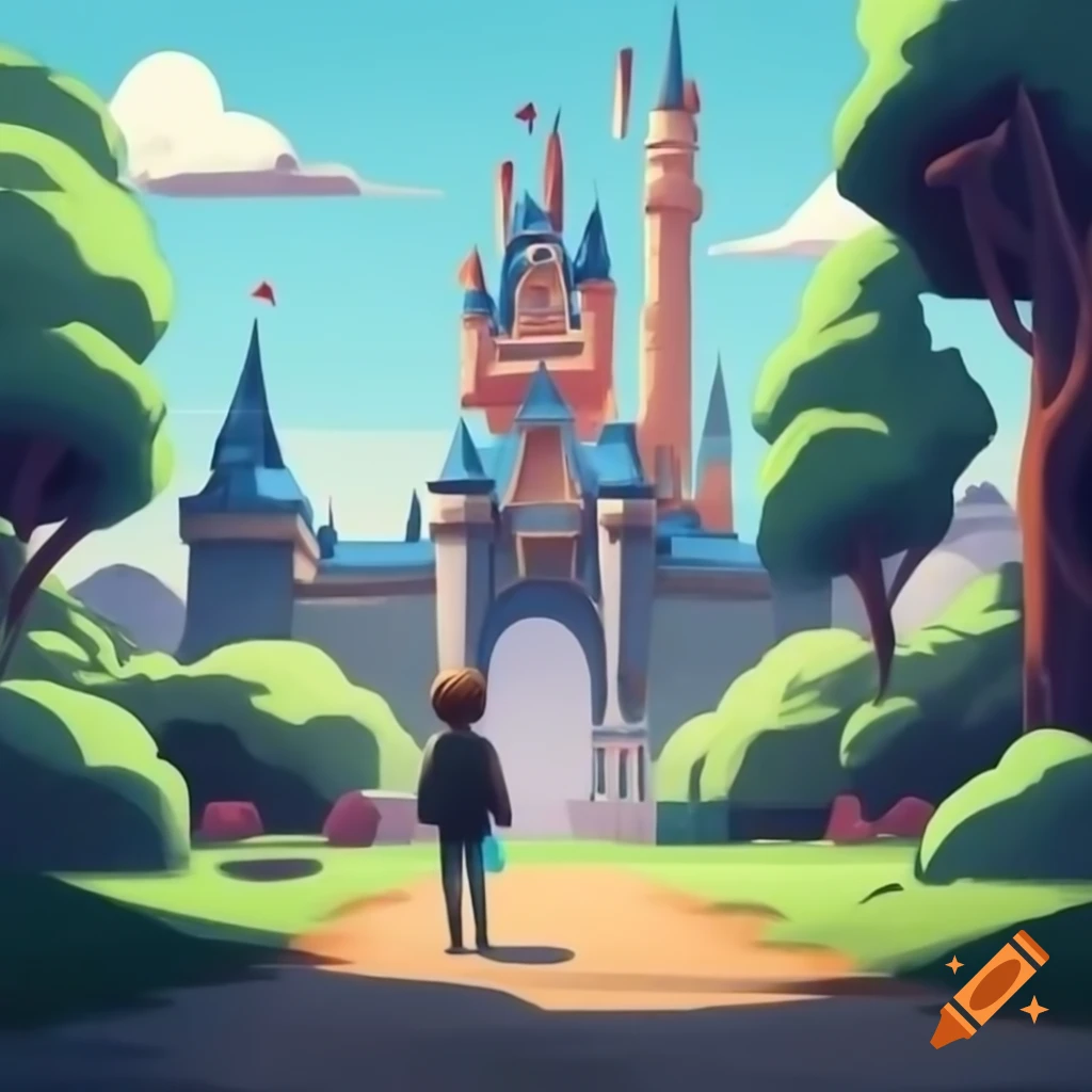 Gloomy kingdom with dull colors and castle in the background, Pixar style