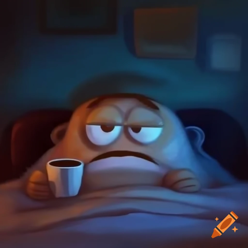 Grumpy character sitting in bed with coffee cup