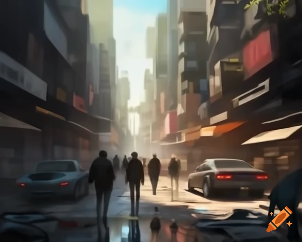 Futuristic cyberpunk city scene with people and parked cars