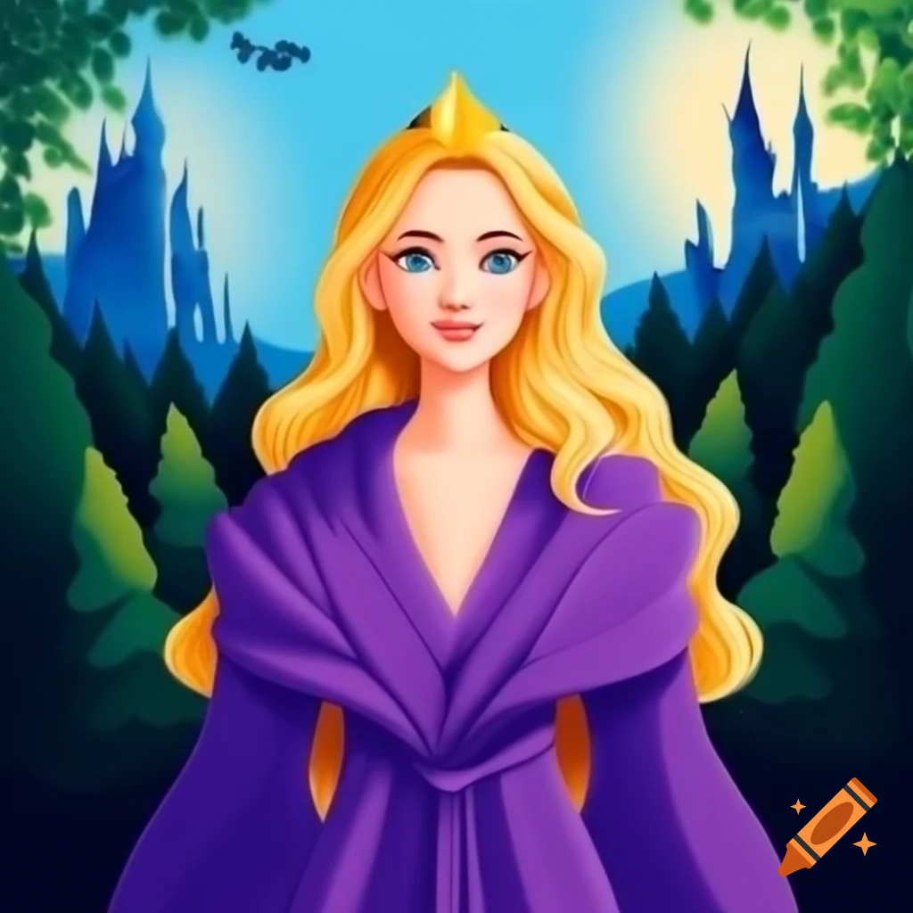 Young woman princess in purple robe with blonde hair, castle and forest in springtime