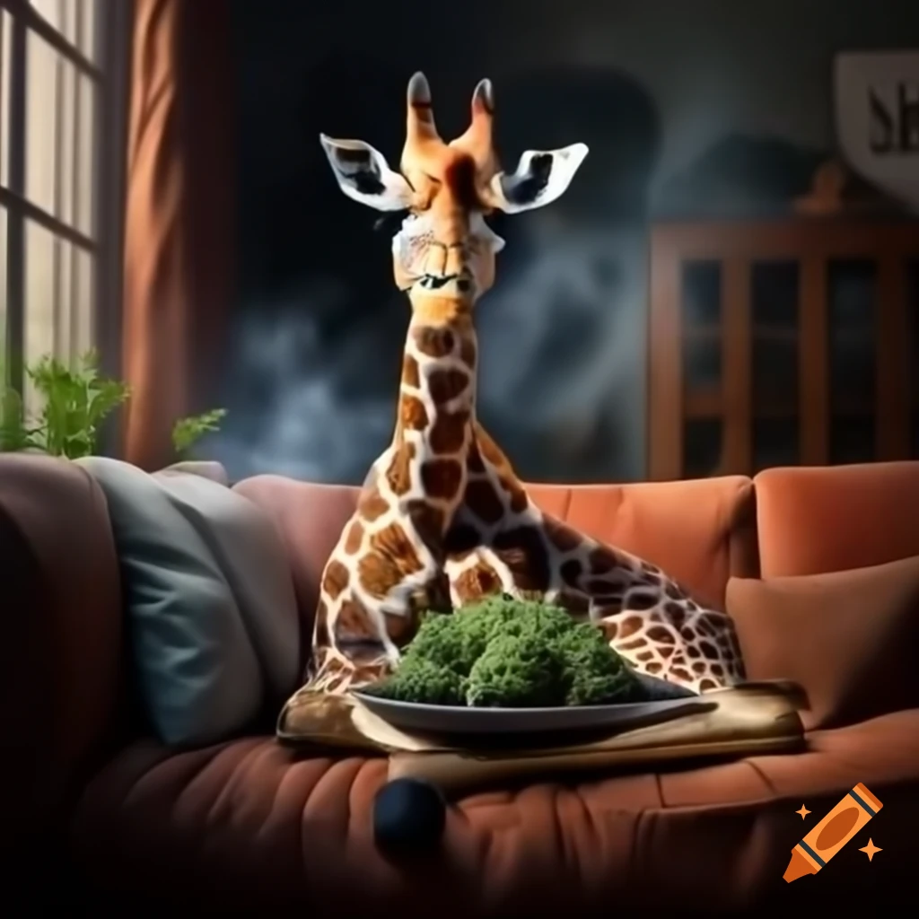 Giraffe lounging on couch in smoky room