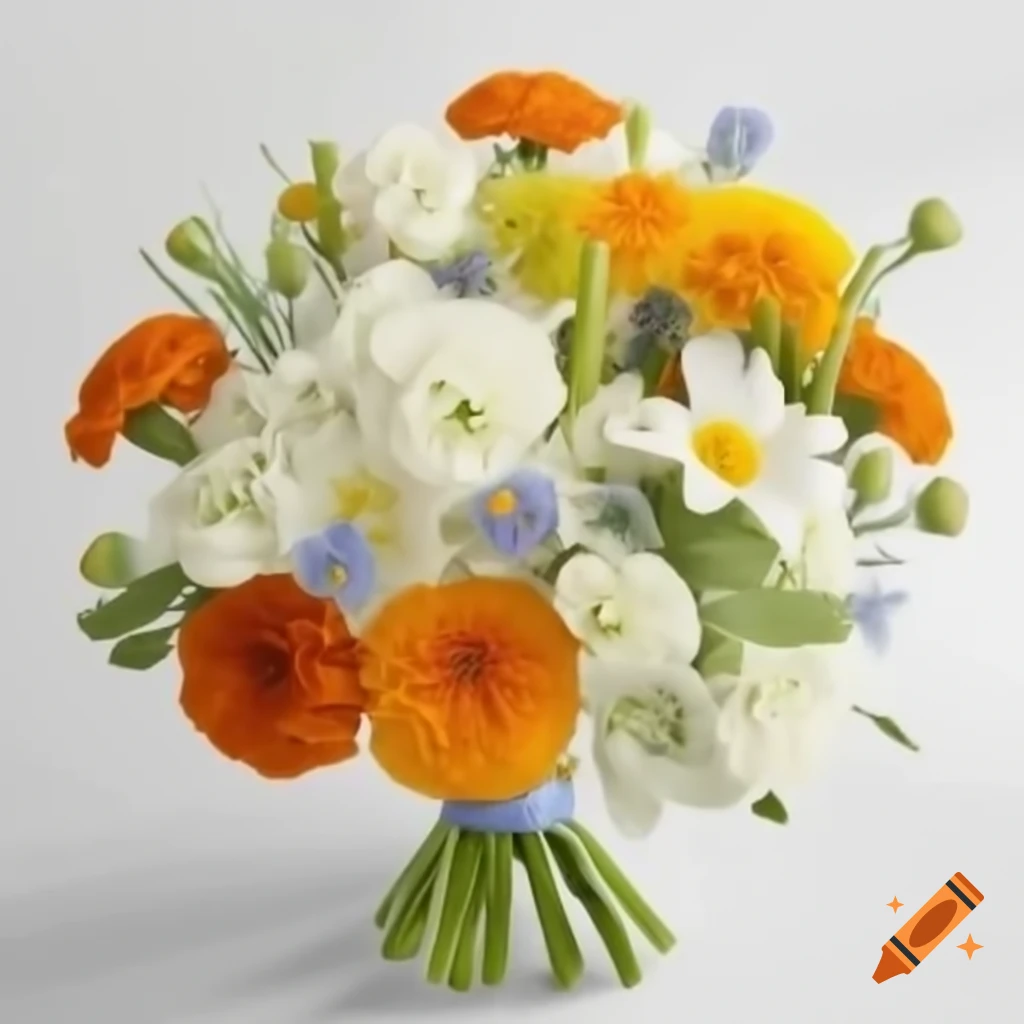 Colorful bouquet featuring carnations, snowdrops, larkspurs, water lilies, marigolds, and cosmos flowers