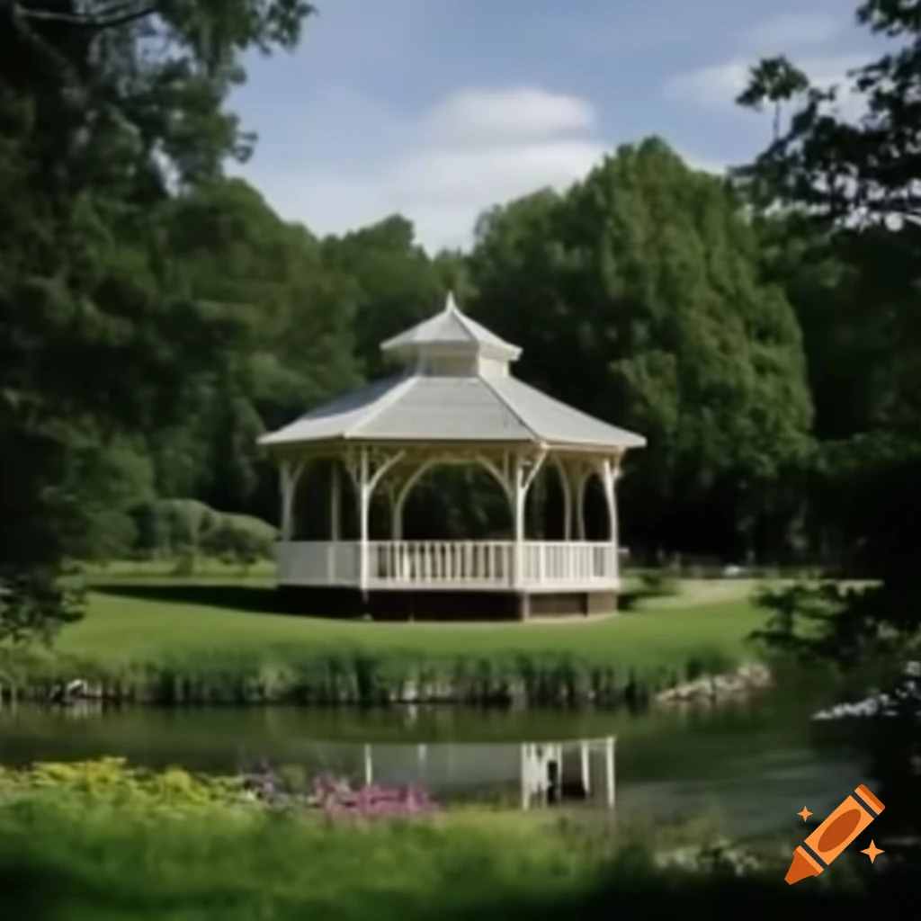 Gazebo in pond with children's park in background
