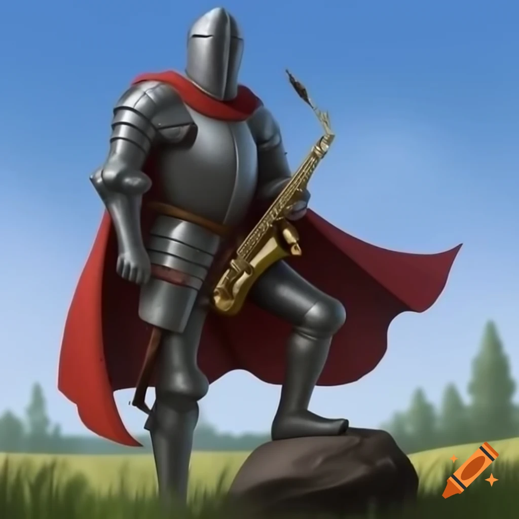 Knight in armor with saxophone standing on rock in field under blue sky