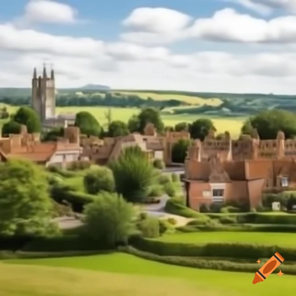 Picturesque British countryside village with cottages, green, pond, shop, and church