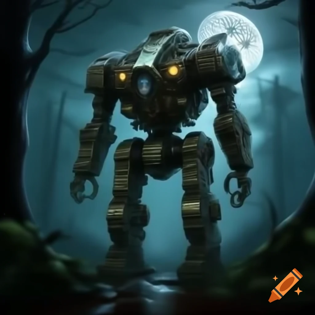 Giant steampunk mech overgrown with trees in forest under creepy full moon