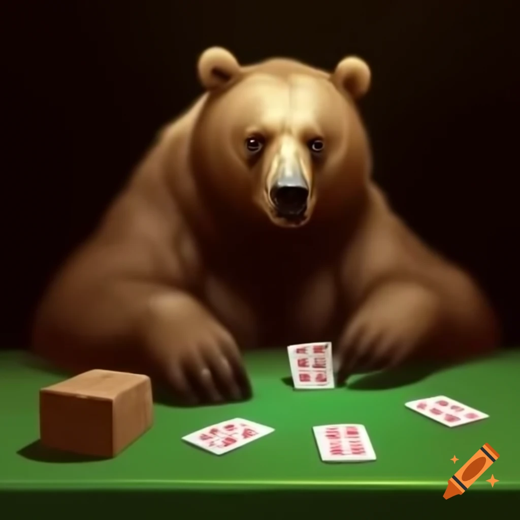 Bear playing cards at a green table in a natural setting