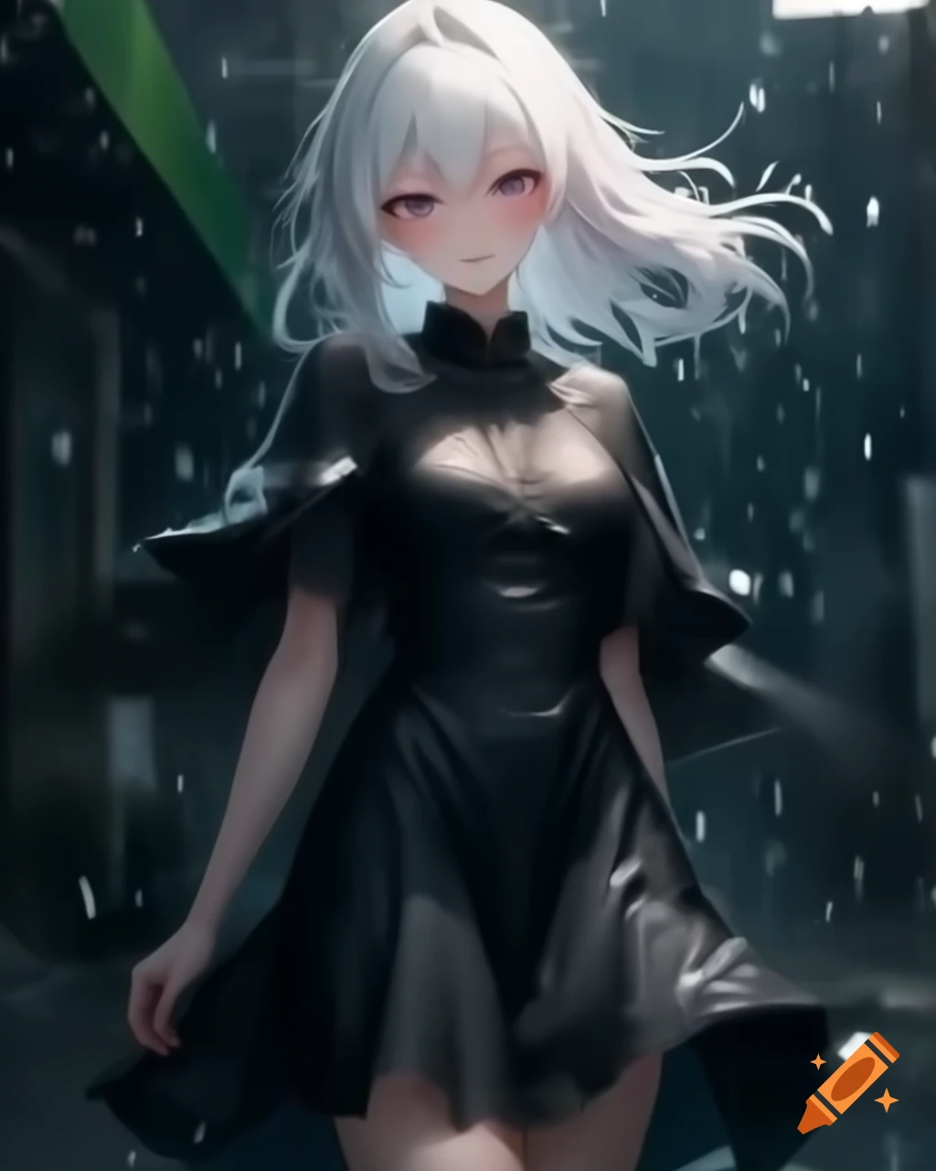 Anime-style woman with white hair in black dress on rainy day