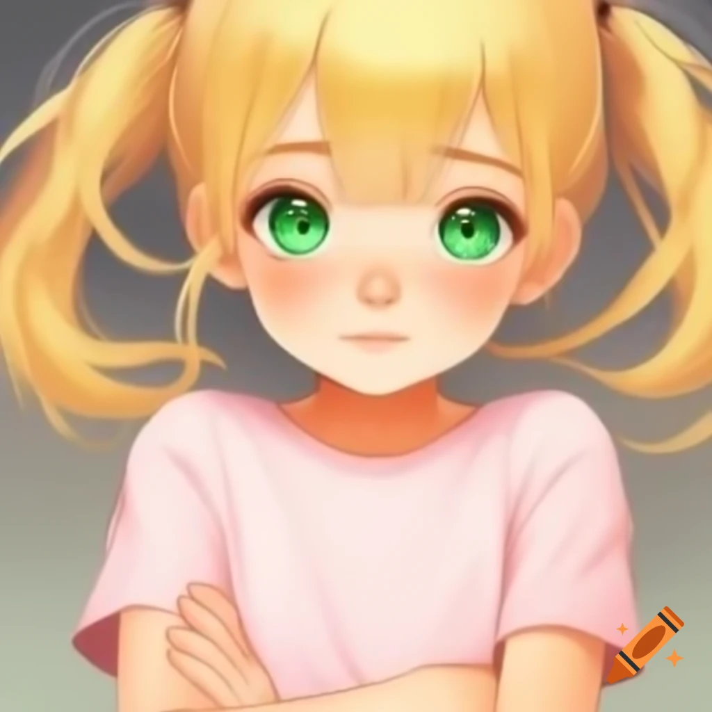 Anime girl with blonde hair and green eyes, arms crossed in light pink shirt