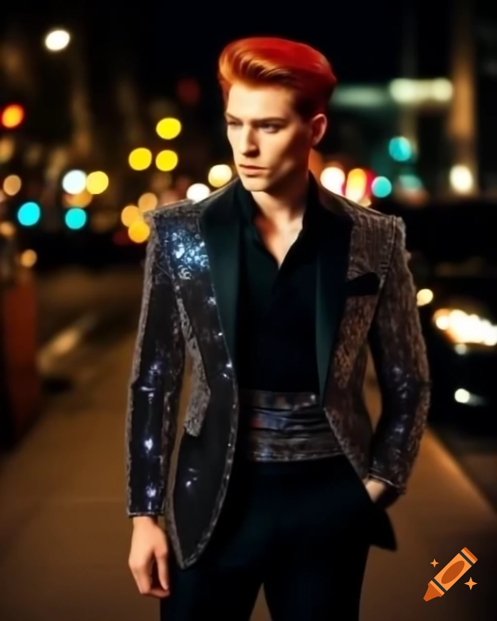 Stylish Caucasian man with red hair in formal suit in busy night city street