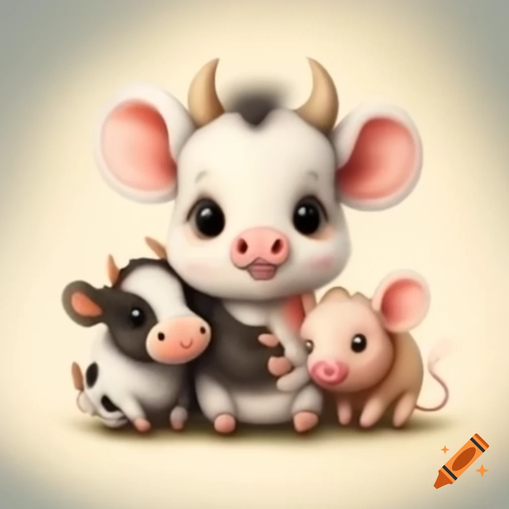 Cuddly baby animal with features of mouse, pig, and cow
