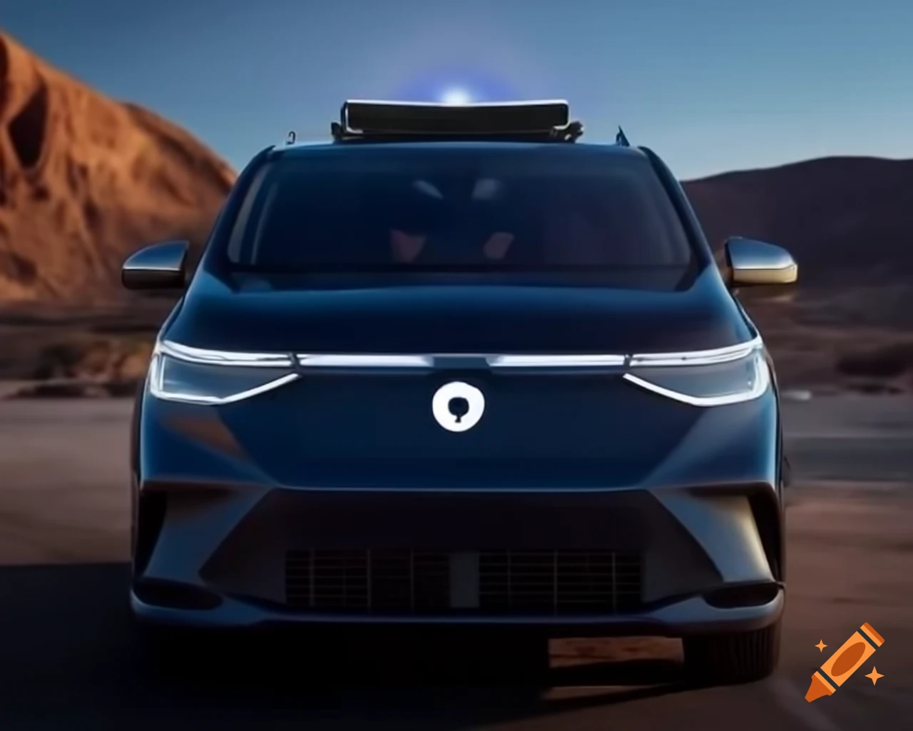 Solar powered minivan featuring a sun logo