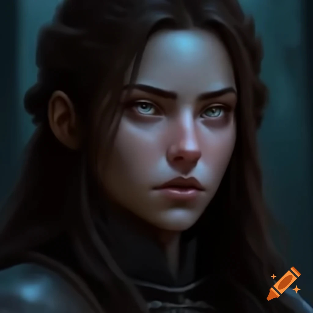 Character Aeloria with long brown hair, showcasing a duty-driven nature